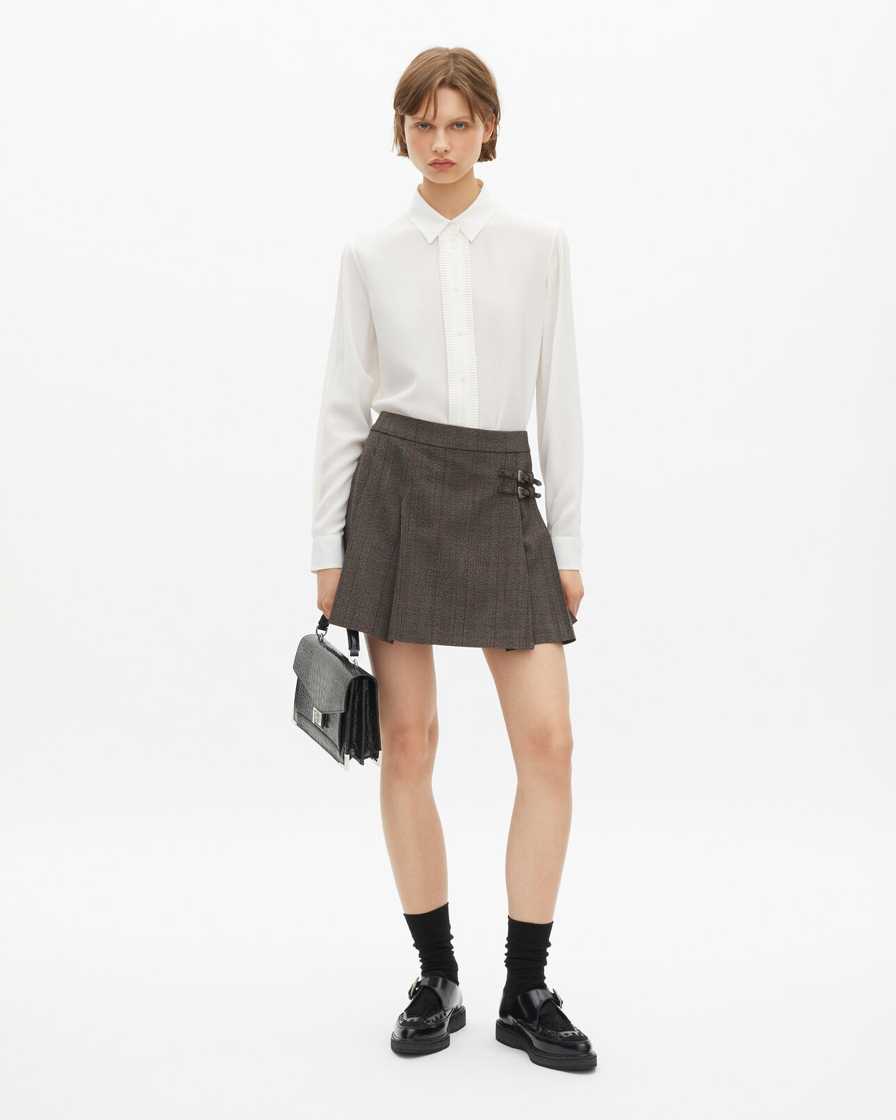 The Kooples WOMEN BROWN prince de galles short skirt in brown wool