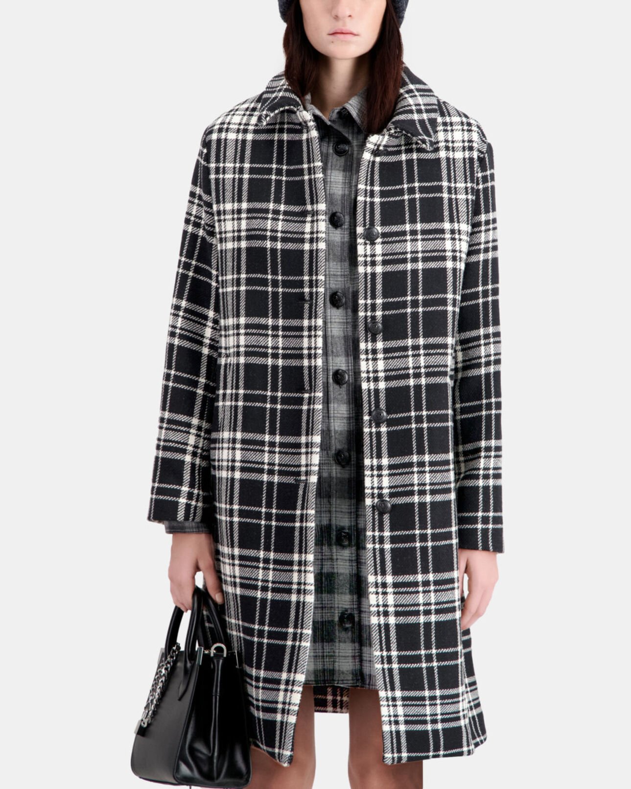 The Kooples FEMME BLACK WHITE manteau long à carreaux en laine mélangée