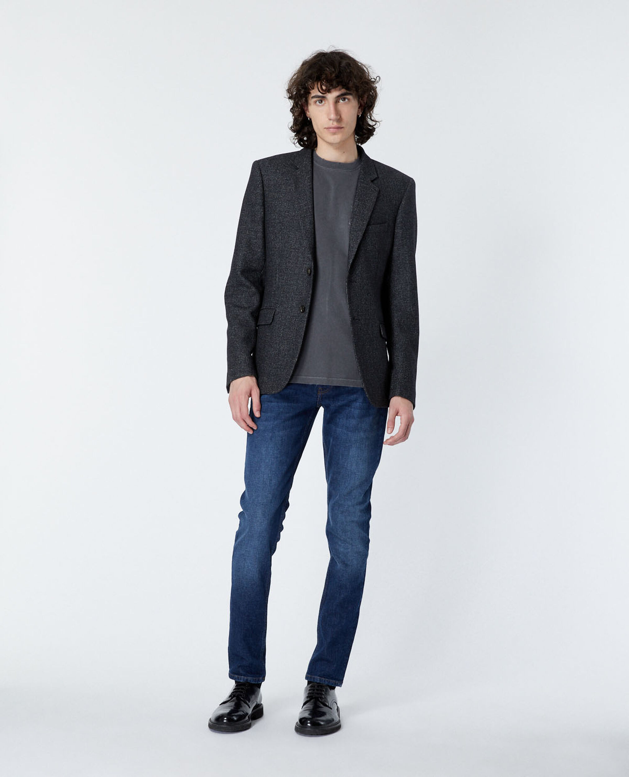 Formal black jacket in wool w/elbow patches, BLACK GREY, hi-res image number null