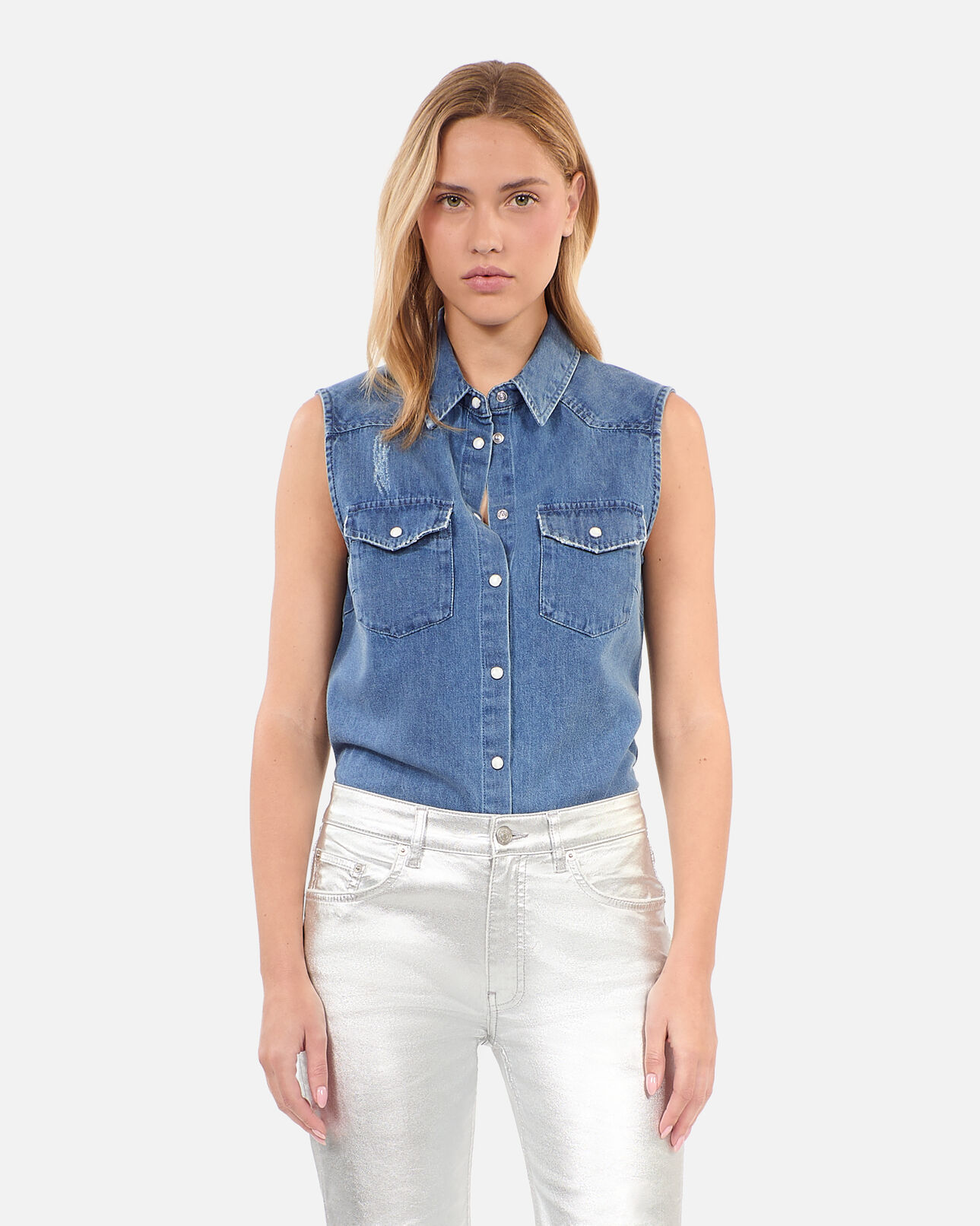 The Kooples WOMEN USED RAPIECE sleeveless blue denim shirt
