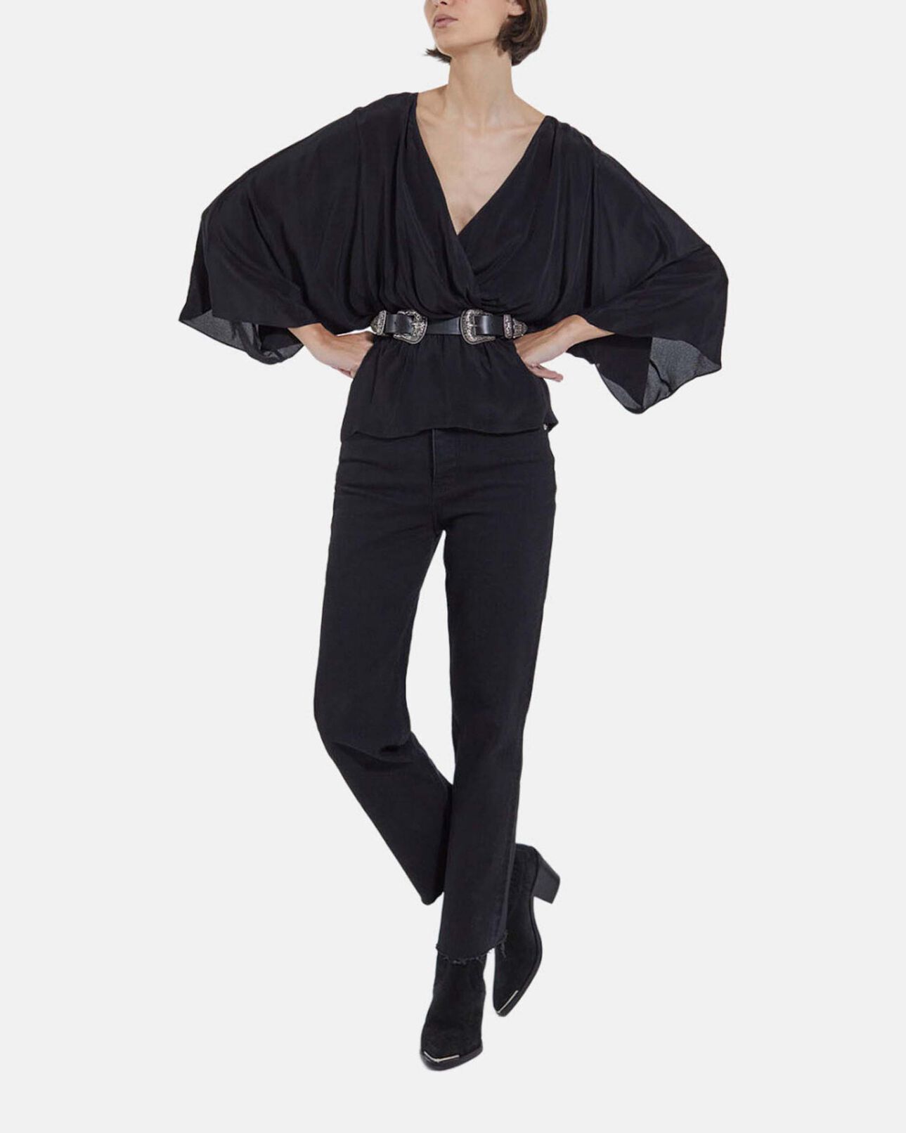 The Kooples FEMME BLACK top kimono noir manches longues drapé