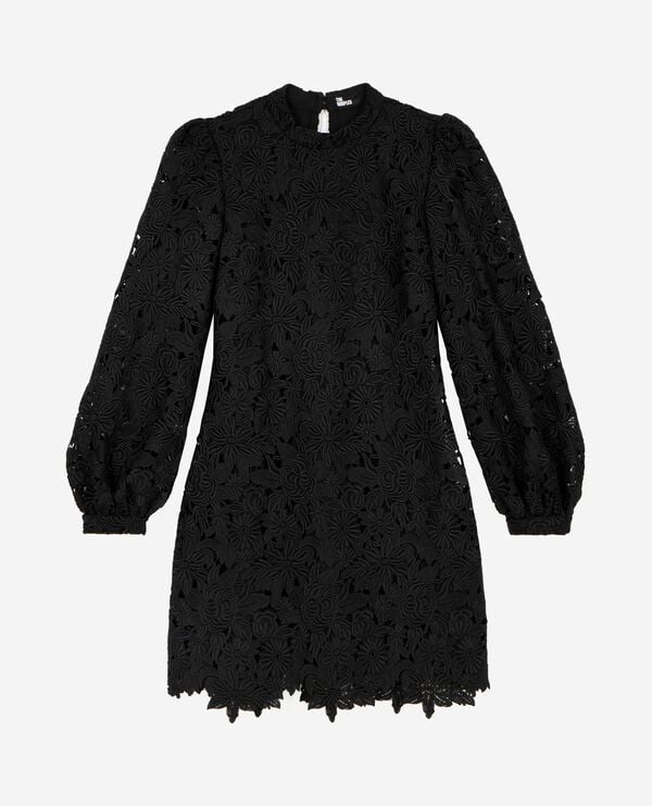 Robe courte en dentelle fleurie noire femme The Kooples - Main Image