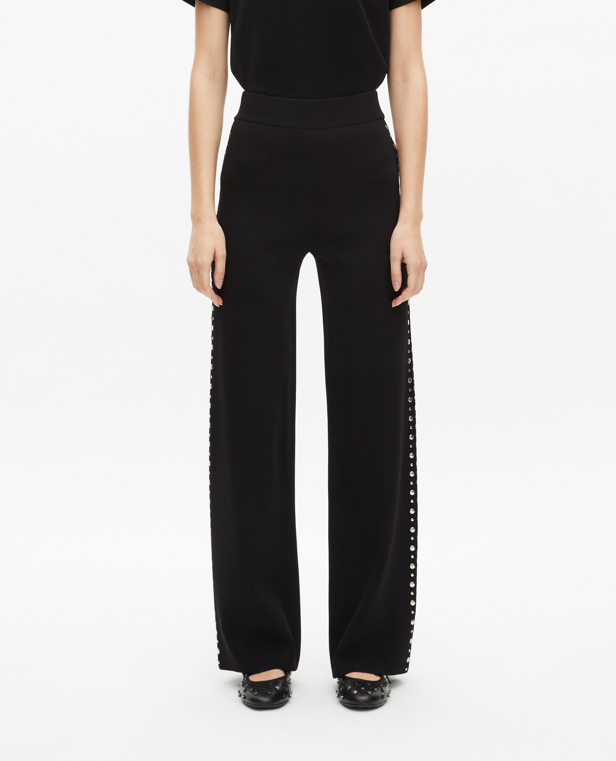 Pantalones de punto negros con tachuelas, BLACK, hi-res image number null