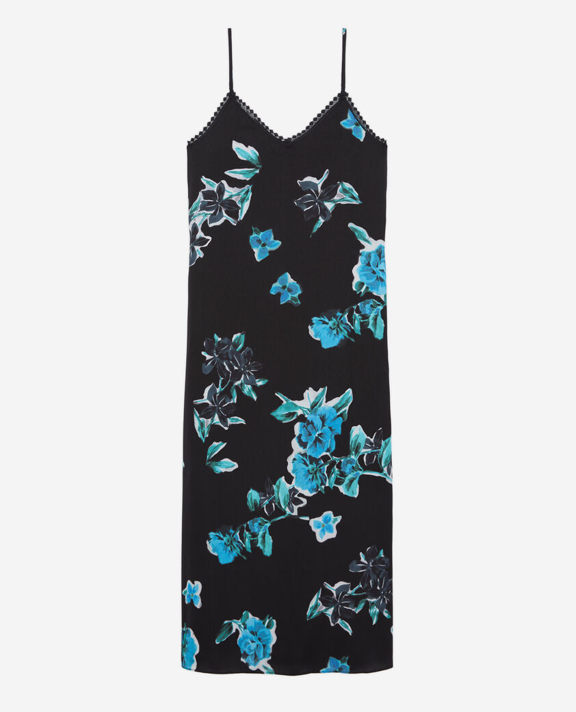 The Kooples WOMEN BLACK BLUE long printed slip dress with lace details