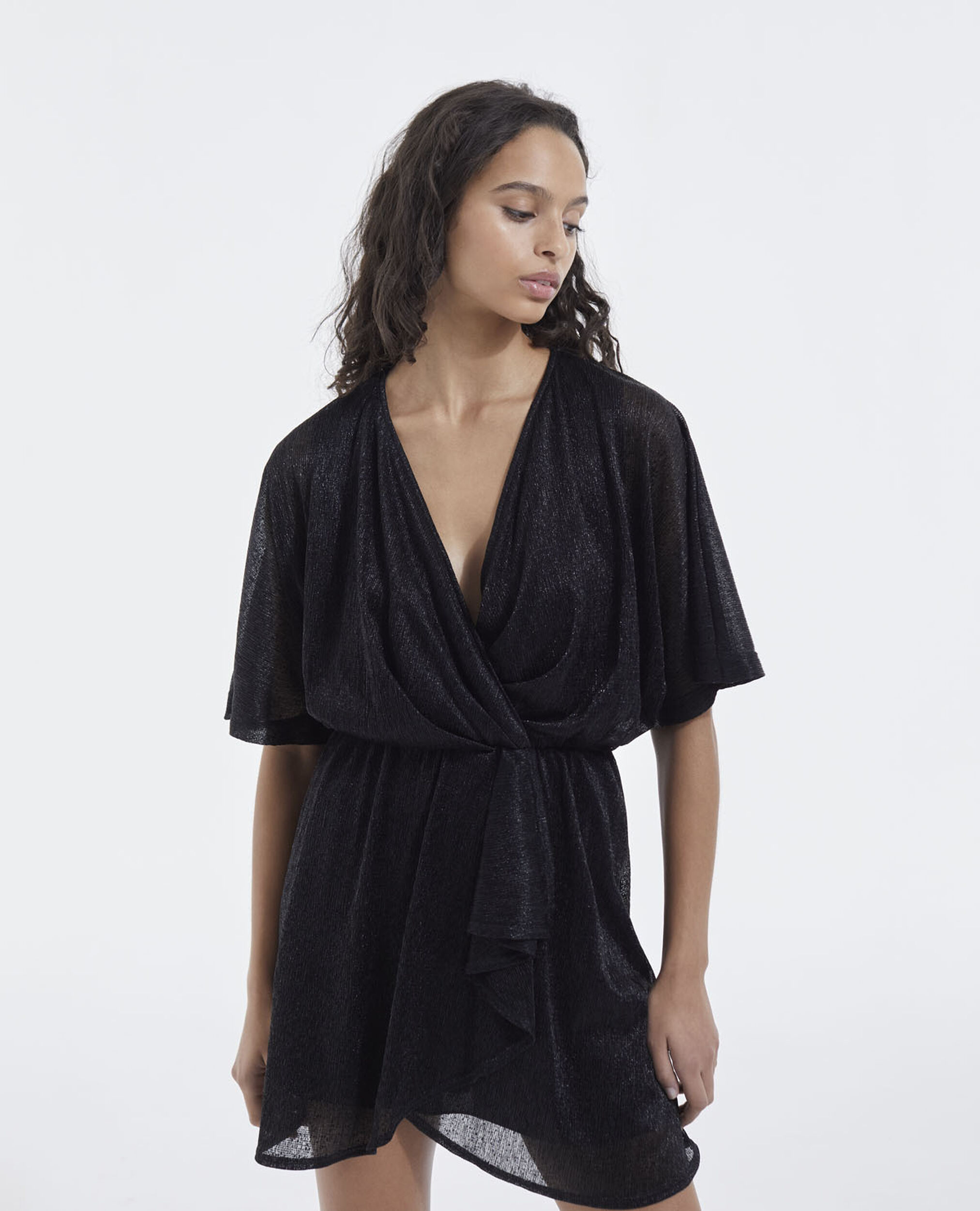 Black wrap dress with draped details, BLACK, hi-res image number null