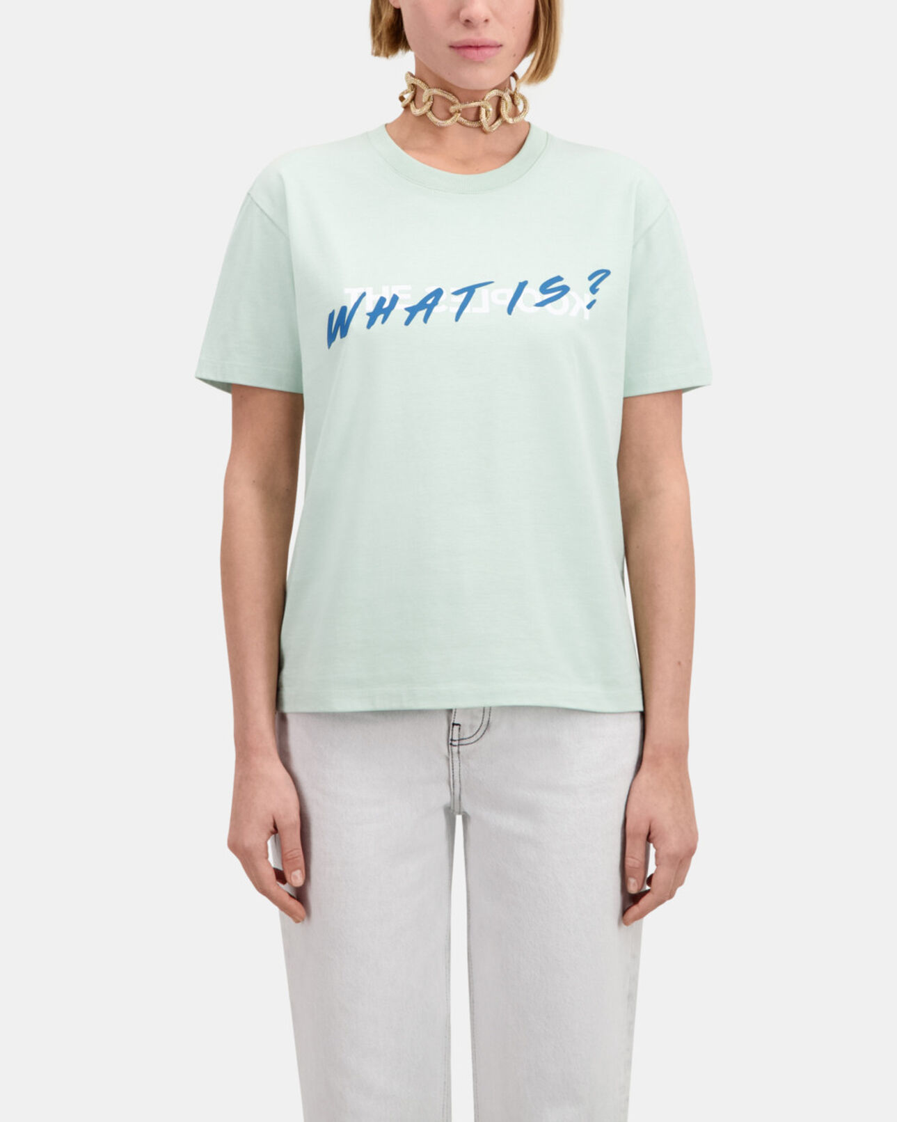 The Kooples DAMEN OCEAN hellgrünes t-shirt damen mit „what is“-schriftzug