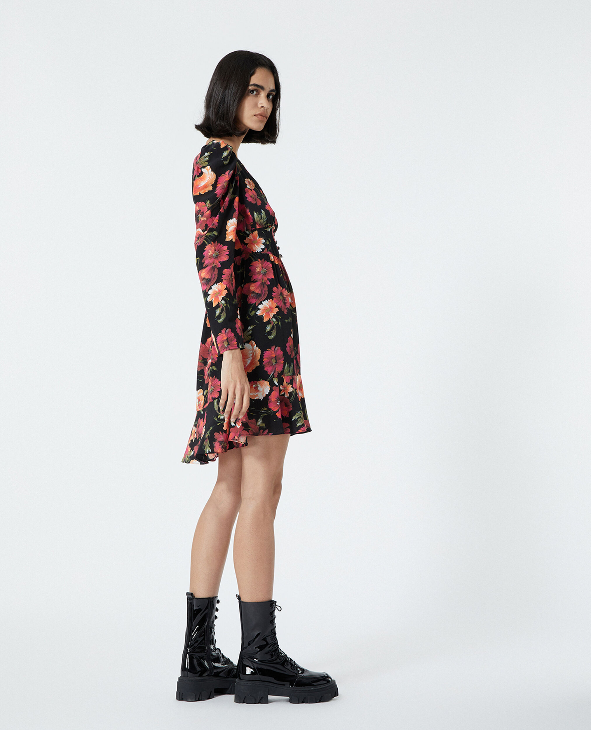 Short floral printed silk dress, MULTICOLOR, hi-res image number null