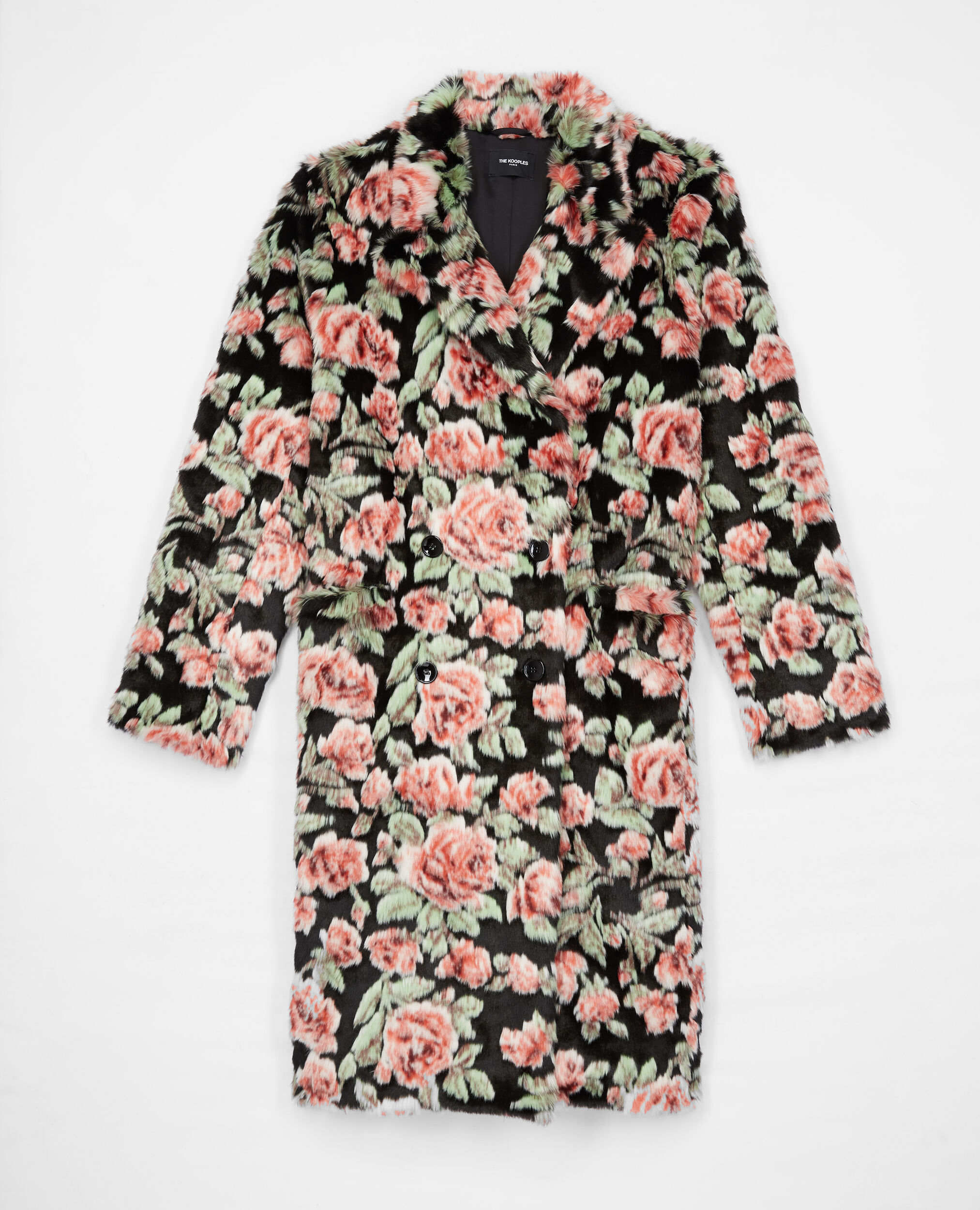 Long fur coat with Neon rose print, BLACK / PINK, hi-res image number null