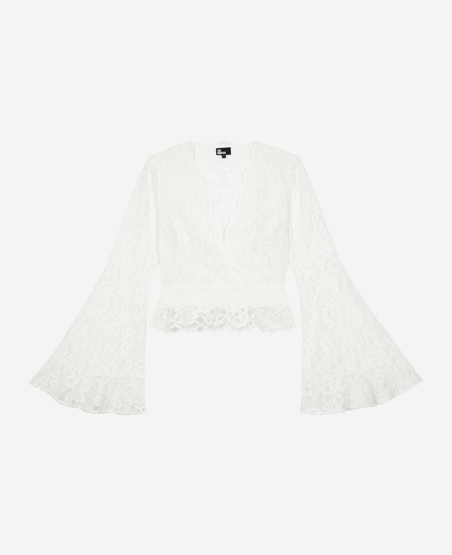 The Kooples WOMEN ECRU white lace flared sleeve top