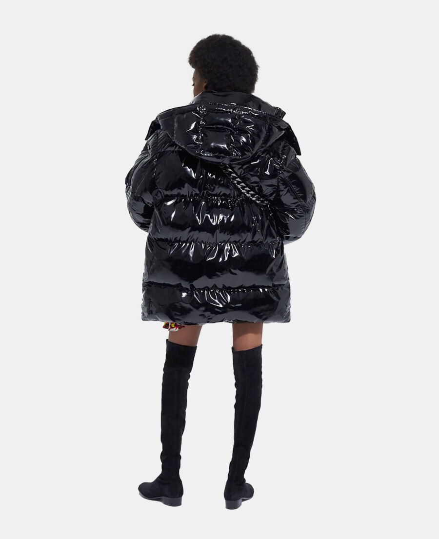 black oversized vinyl down jacket with straps and logo