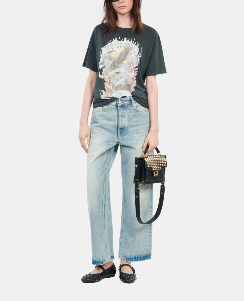 The Kooples DAMEN BLACK WASHED schwarzes t-shirt &bdquo;eagles on fire&ldquo;