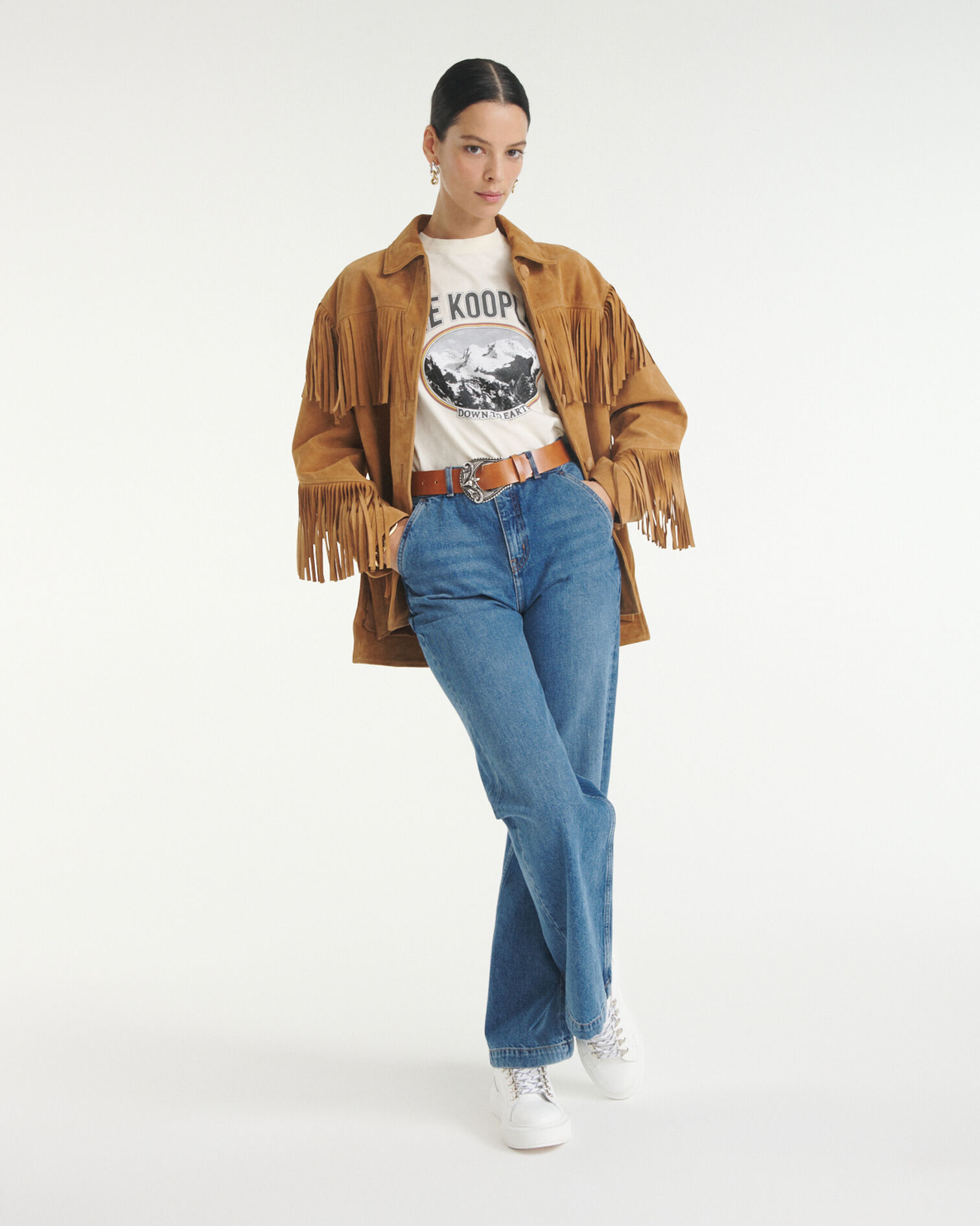 Camel suede jacket with fringing, CAMEL, hi-res image number null
