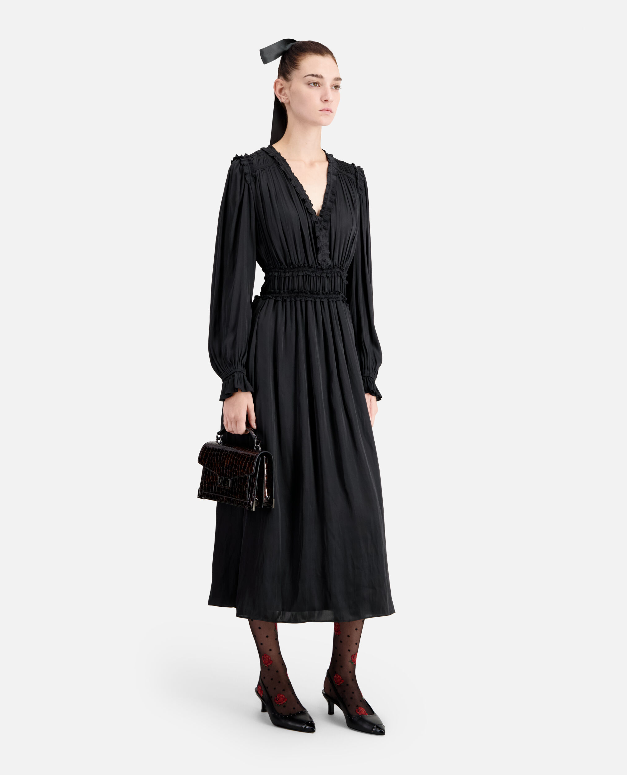 Long black dress with shirring, BLACK, hi-res image number null