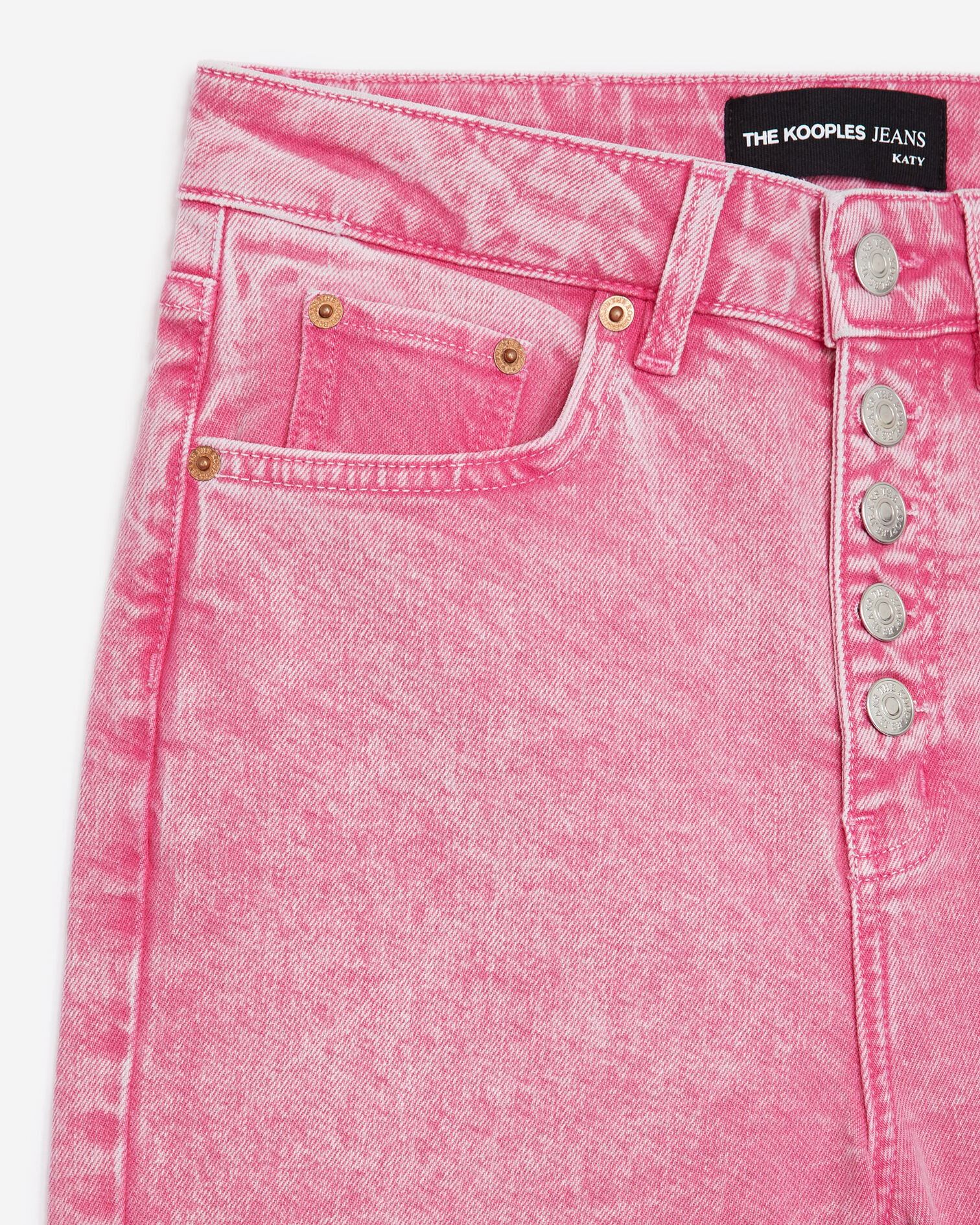 High-waisted pink jeans with visible buttons, FRESH PINK, hi-res image number null
