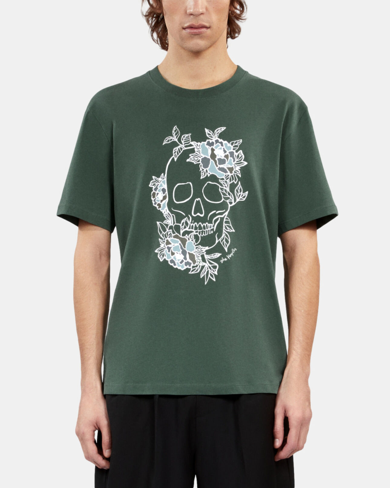 The Kooples MEN FOREST men's green t-shirt with flower skull serigraphy