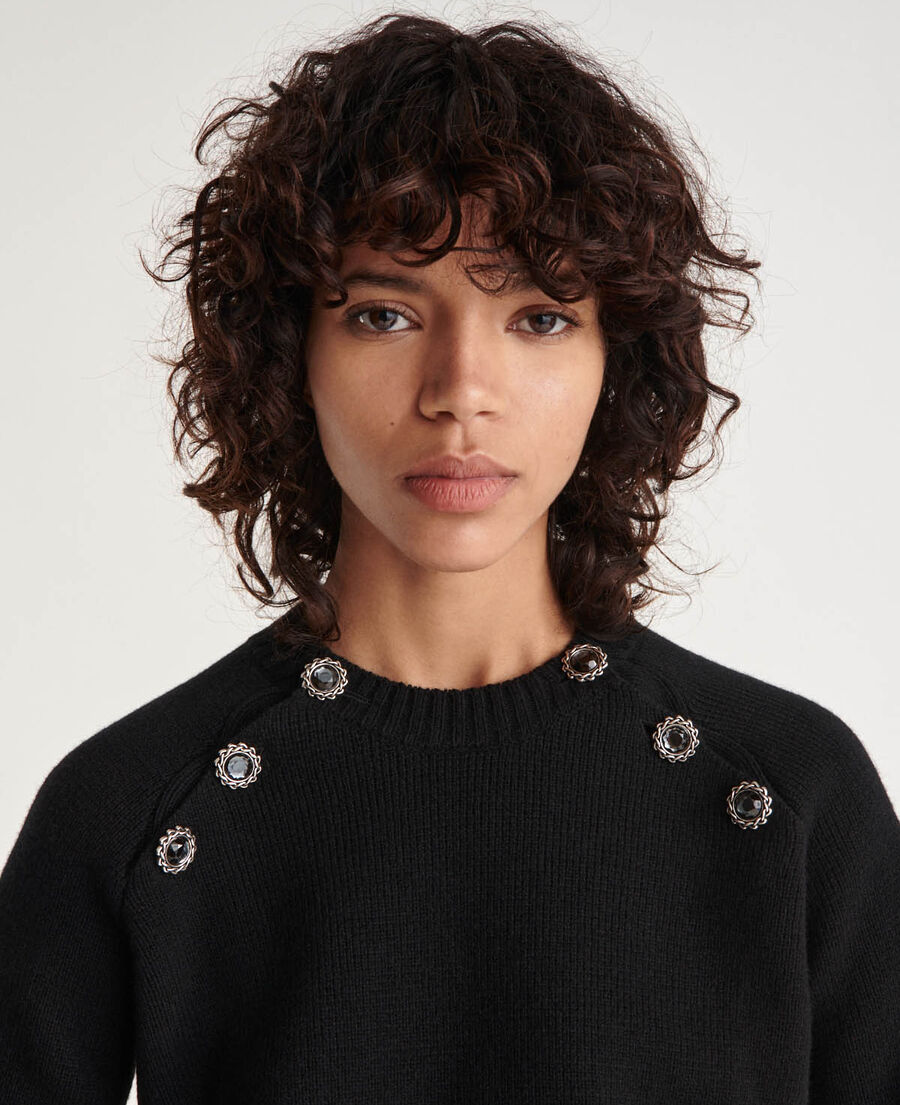 Crew neck black wool sweater jewel detail | The Kooples - US
