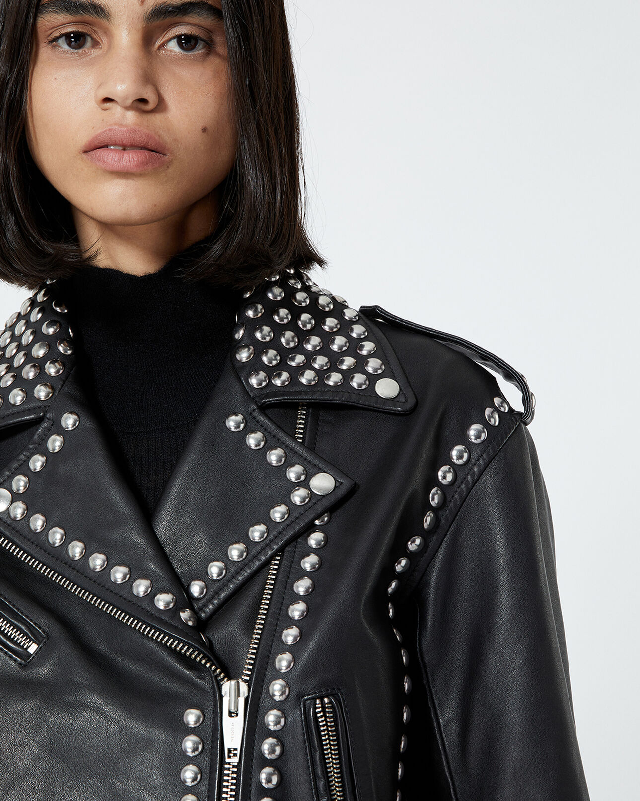 The Kooples FEMME BLACK blouson cuir noir à détails cloutés
