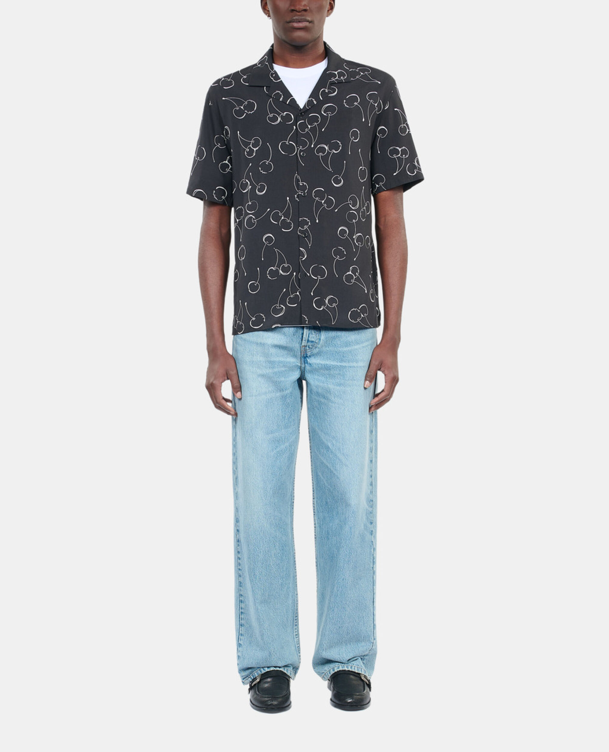 Short-sleeved cherry printed shirt, BLACK, hi-res image number null