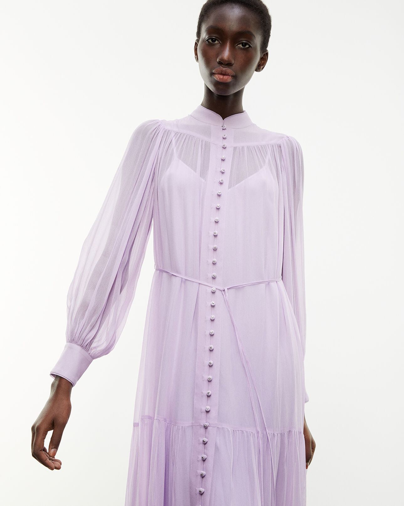 The Kooples FEMME MAUVE robe longue violette à volants ceinturée