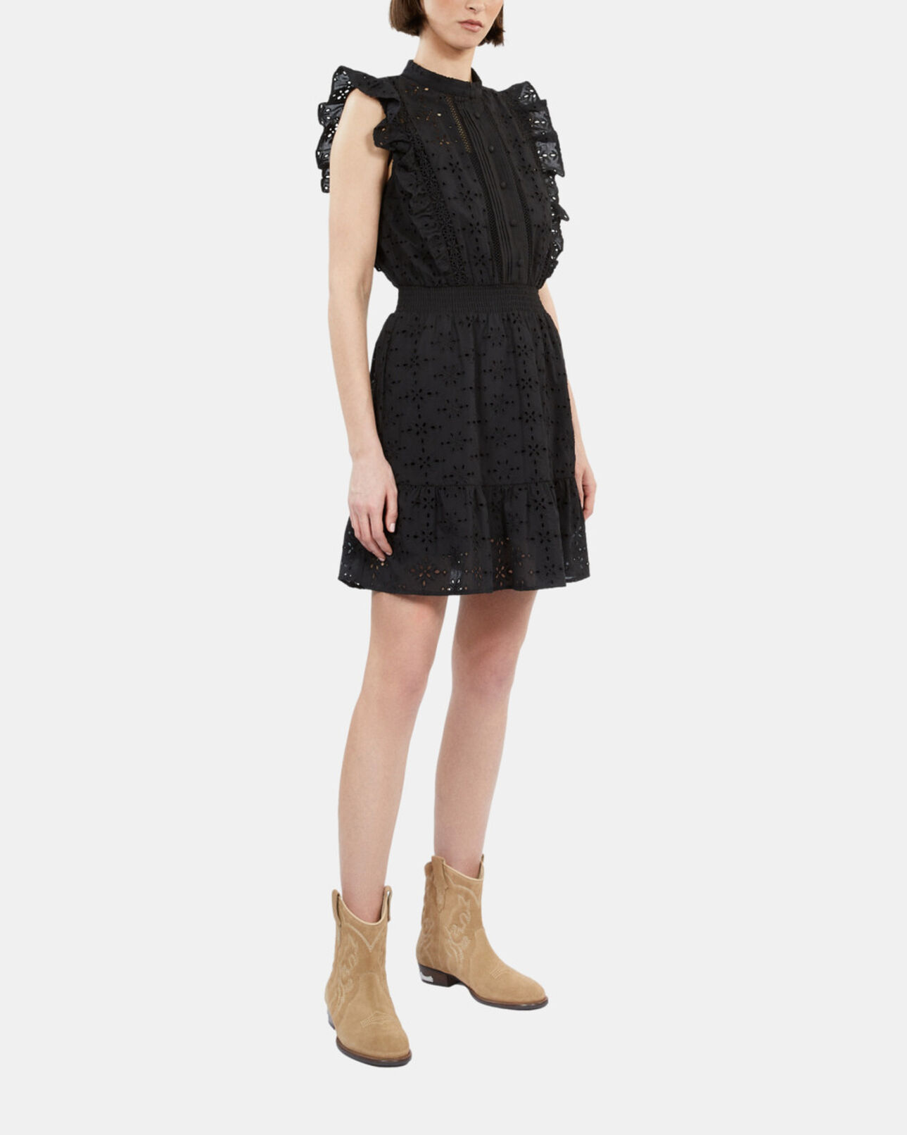 The Kooples FEMME BLACK robe courte en broderie anglaise noire