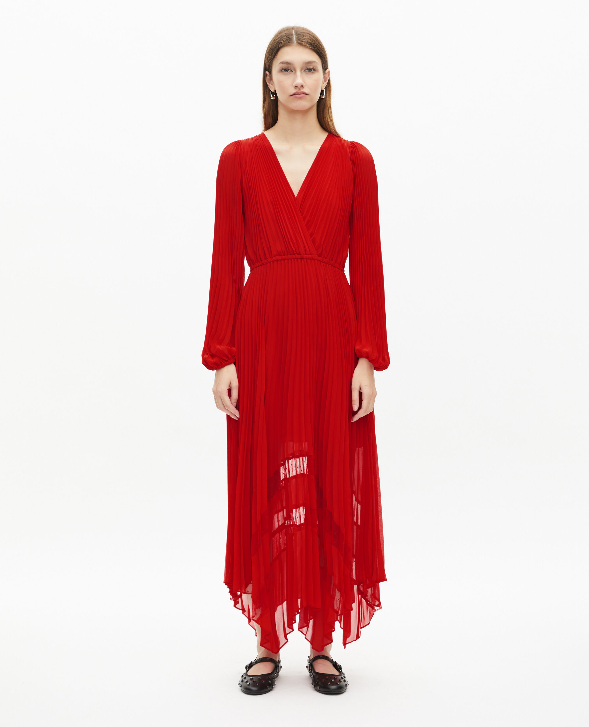 Red pleated long dress, RED, hi-res image number null
