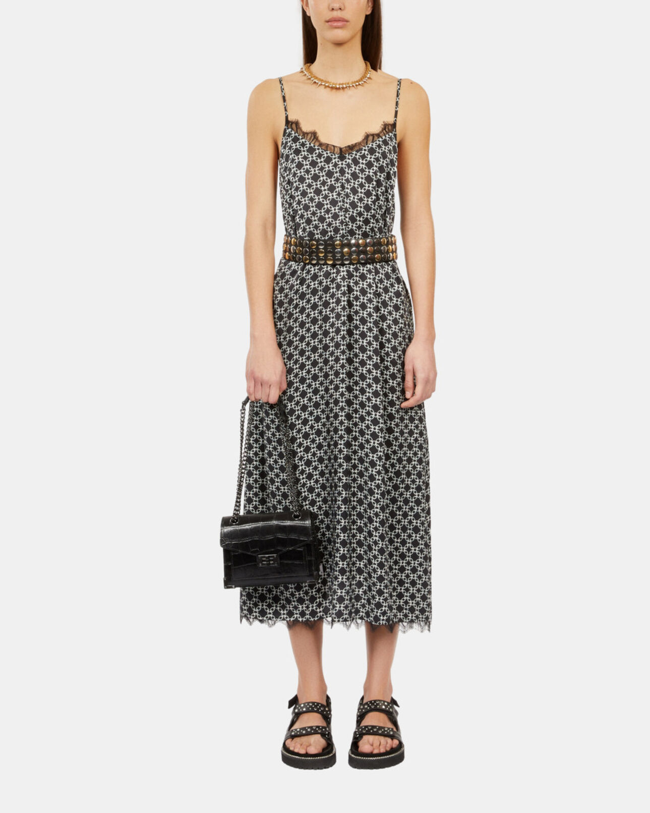 The Kooples WOMEN BLACK WHITE long printed slip dress