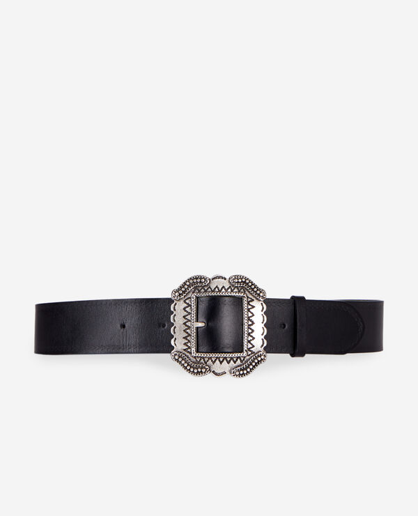 black leather belt with engraved buckle