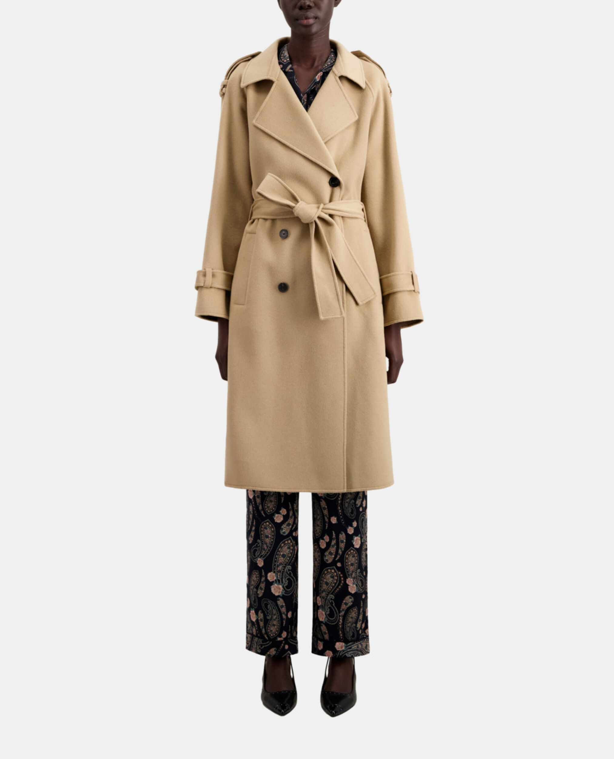 Manteau long beige en mélange de laine, CAMEL, hi-res image number null