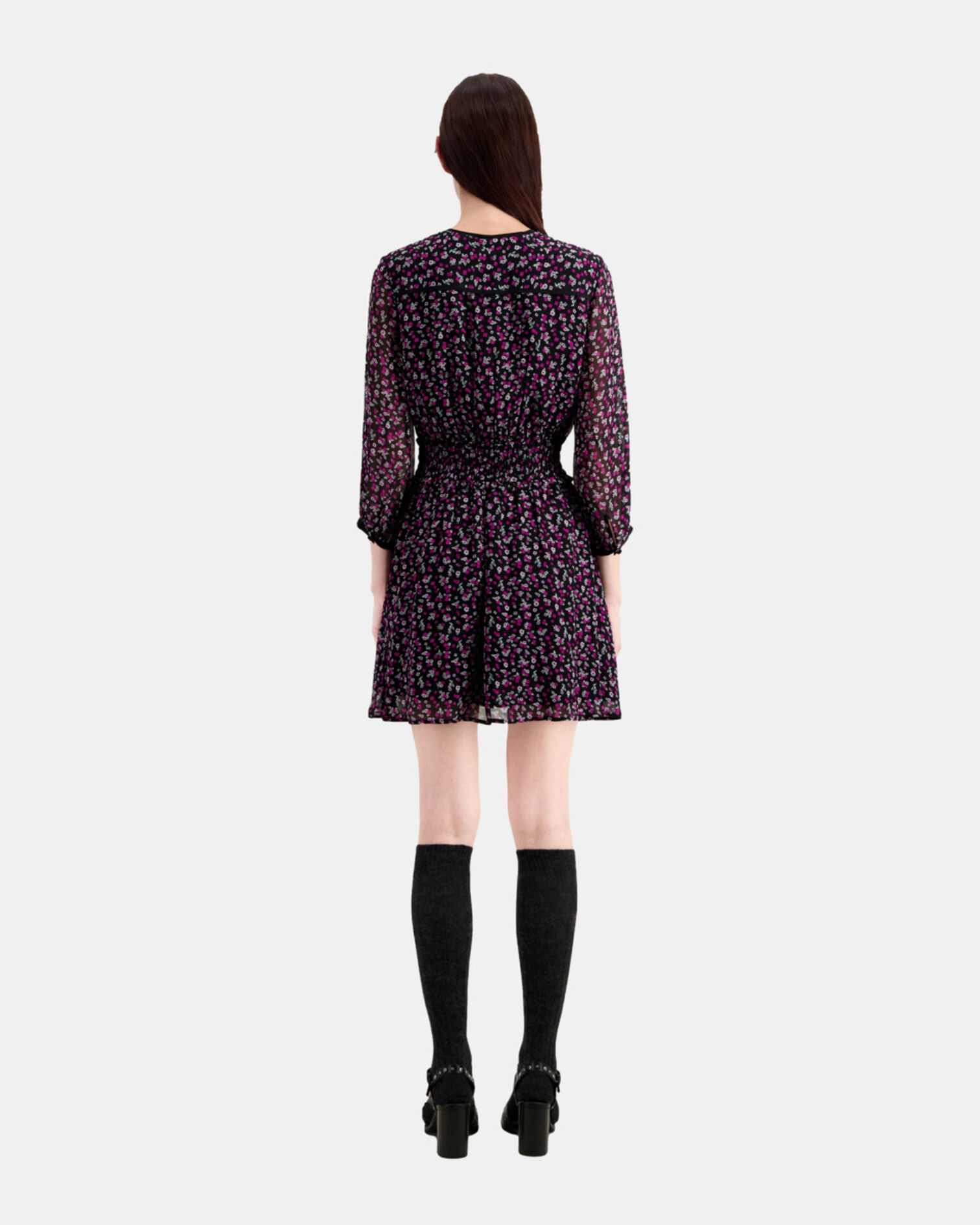 Robe courte imprimée avec smocks, BLACK / PINK, hi-res image number null
