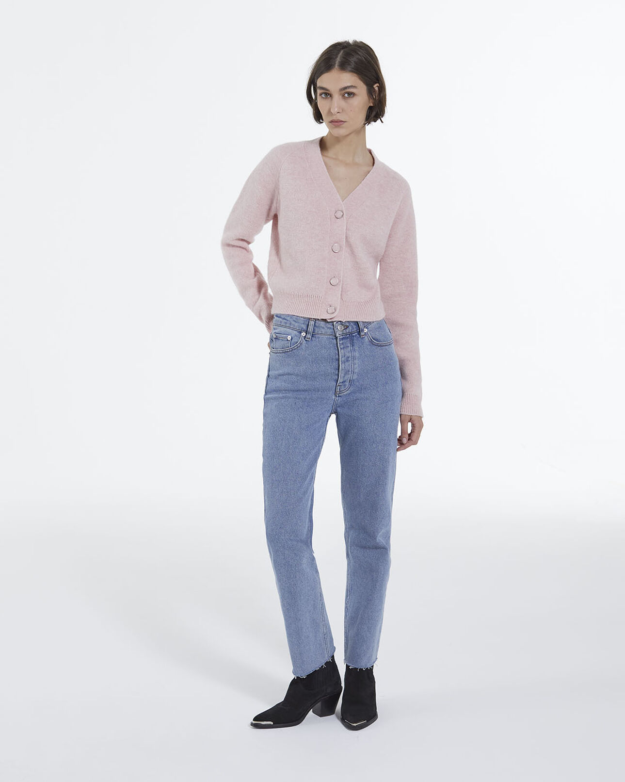 The Kooples WOMEN PINK cropped pink wool cardigan with pockets