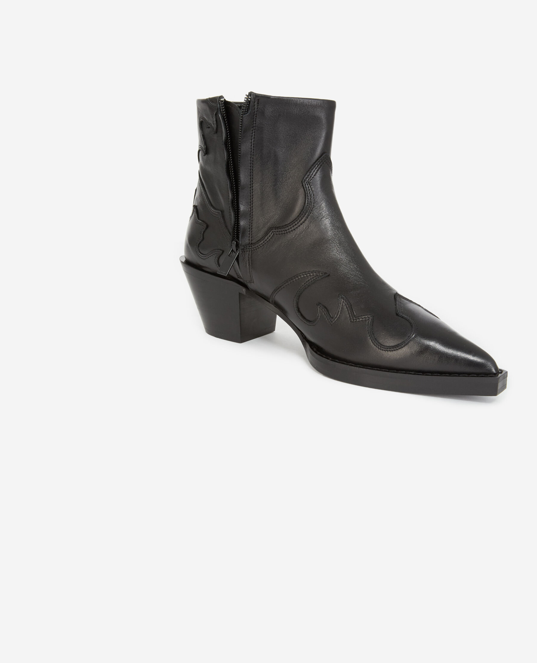 Heeled western black leather ankle boots