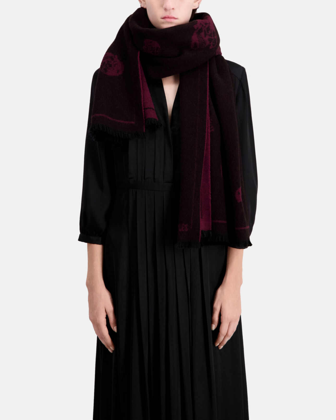 The Kooples WOMEN BLACK-BORDEAUX black and burgundy wool scarf with skulls