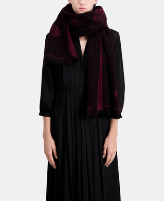 The Kooples F BLACK-BORDEAUX black and burgundy wool scarf with skulls