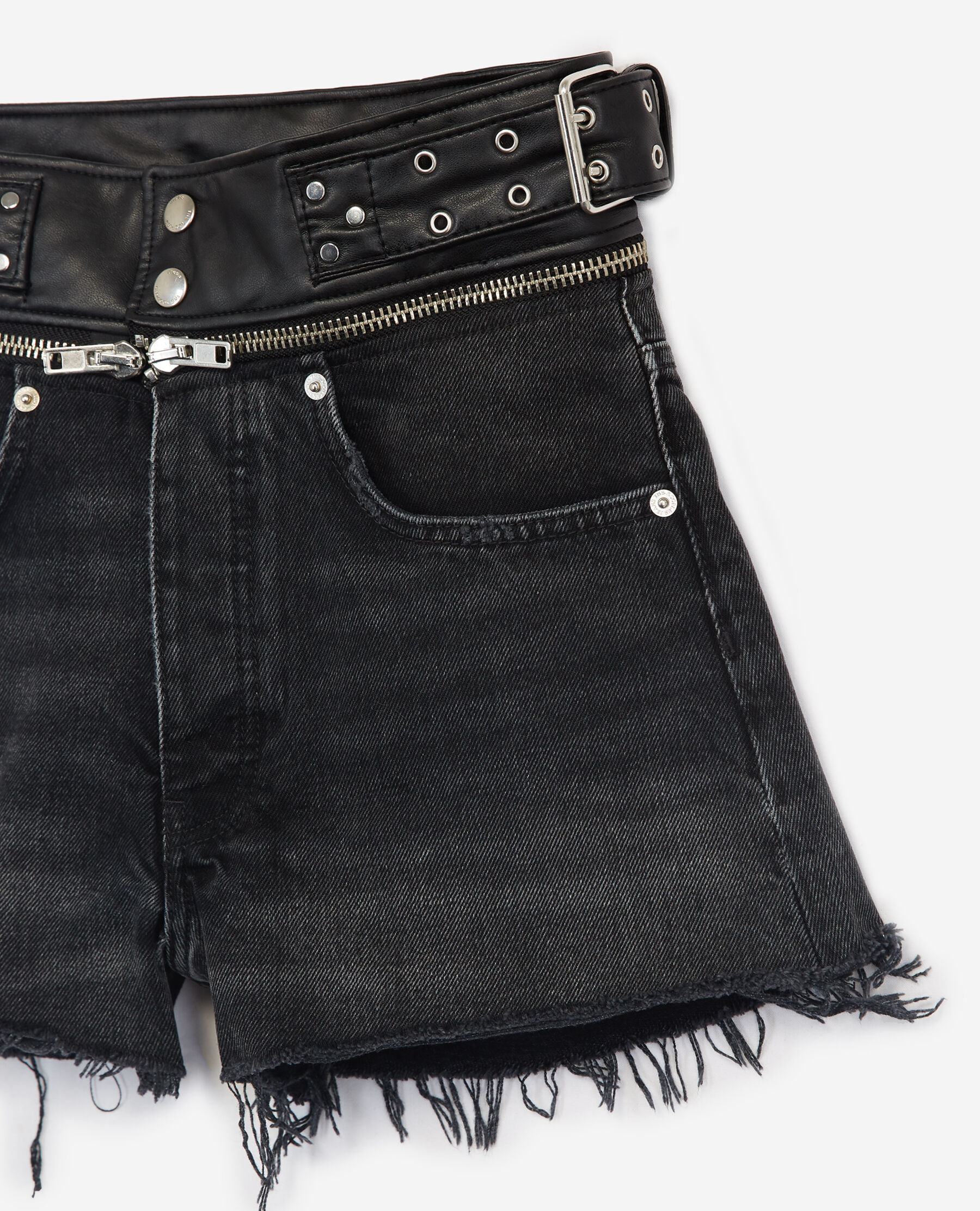 Ripped black denim shorts with black belt