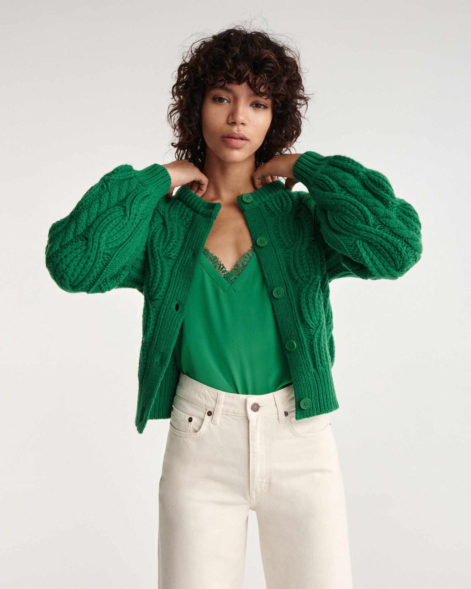 Cable knit green wool cardigan, GREEN, hi-res image number null