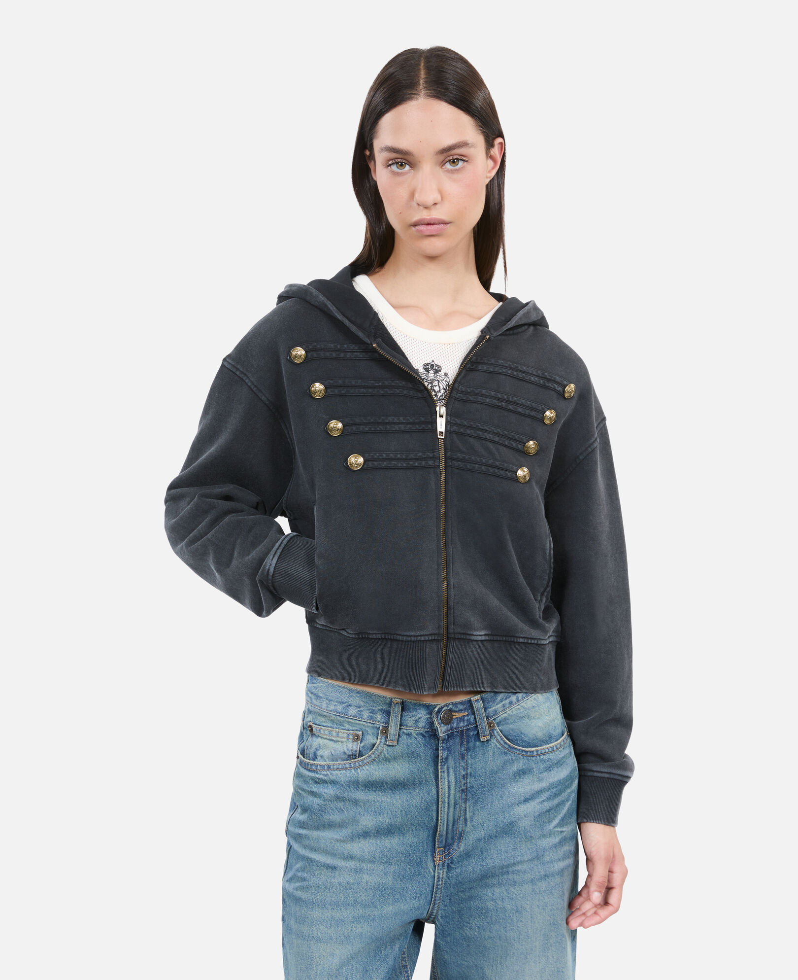 The Kooples F BLACK WASHED black officer style hoodie