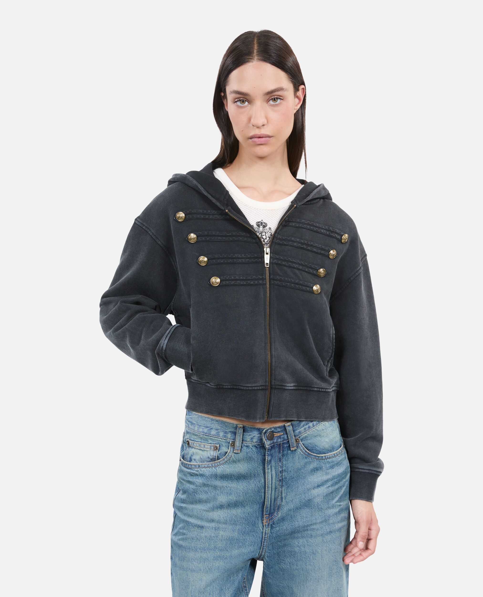 Black officer style hoodie, BLACK WASHED, hi-res image number null