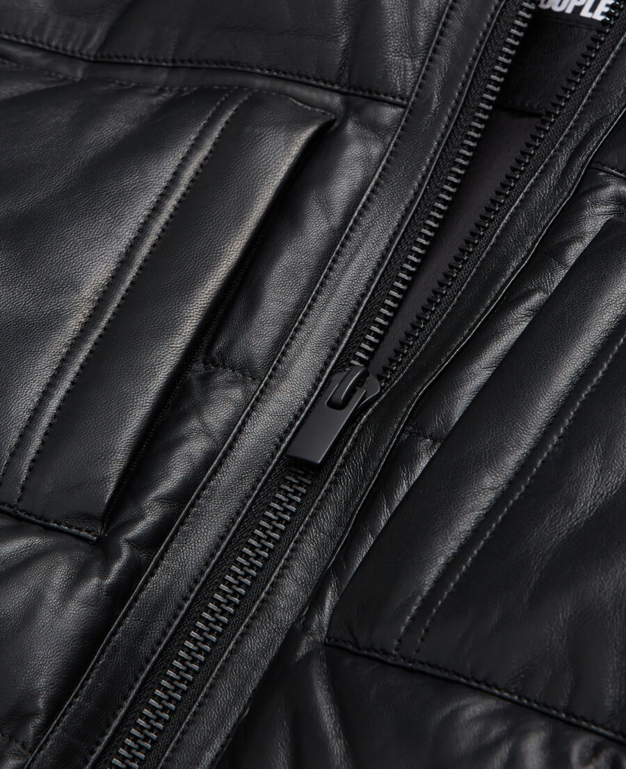 doudoune en cuir noire bretelles à logo