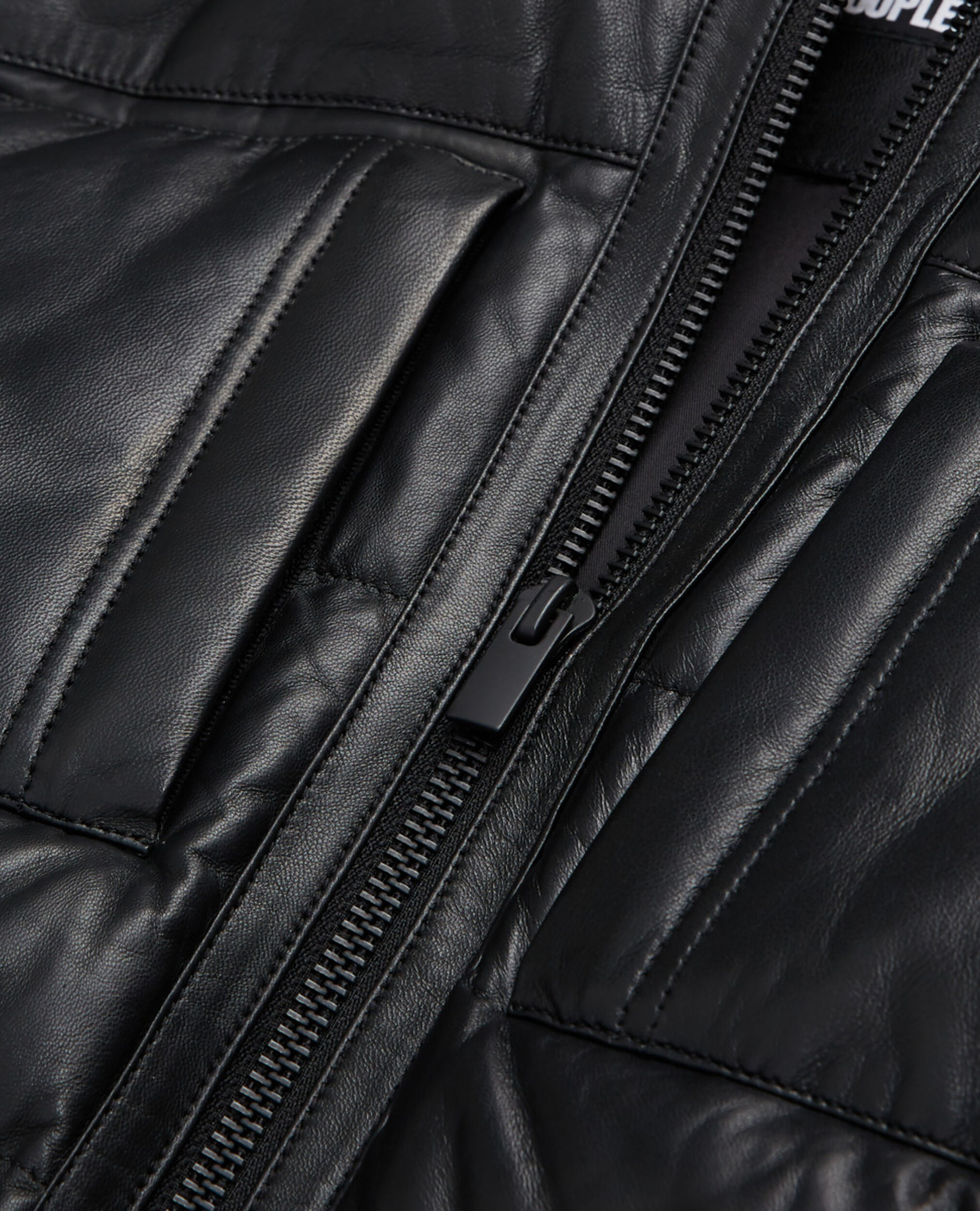 Doudoune en cuir noire bretelles à logo, BLACK, hi-res image number null