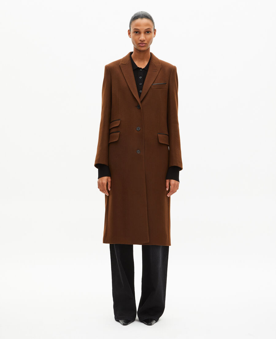 The Kooples WOMEN CHOCOLATE long wool coat with brown leather details