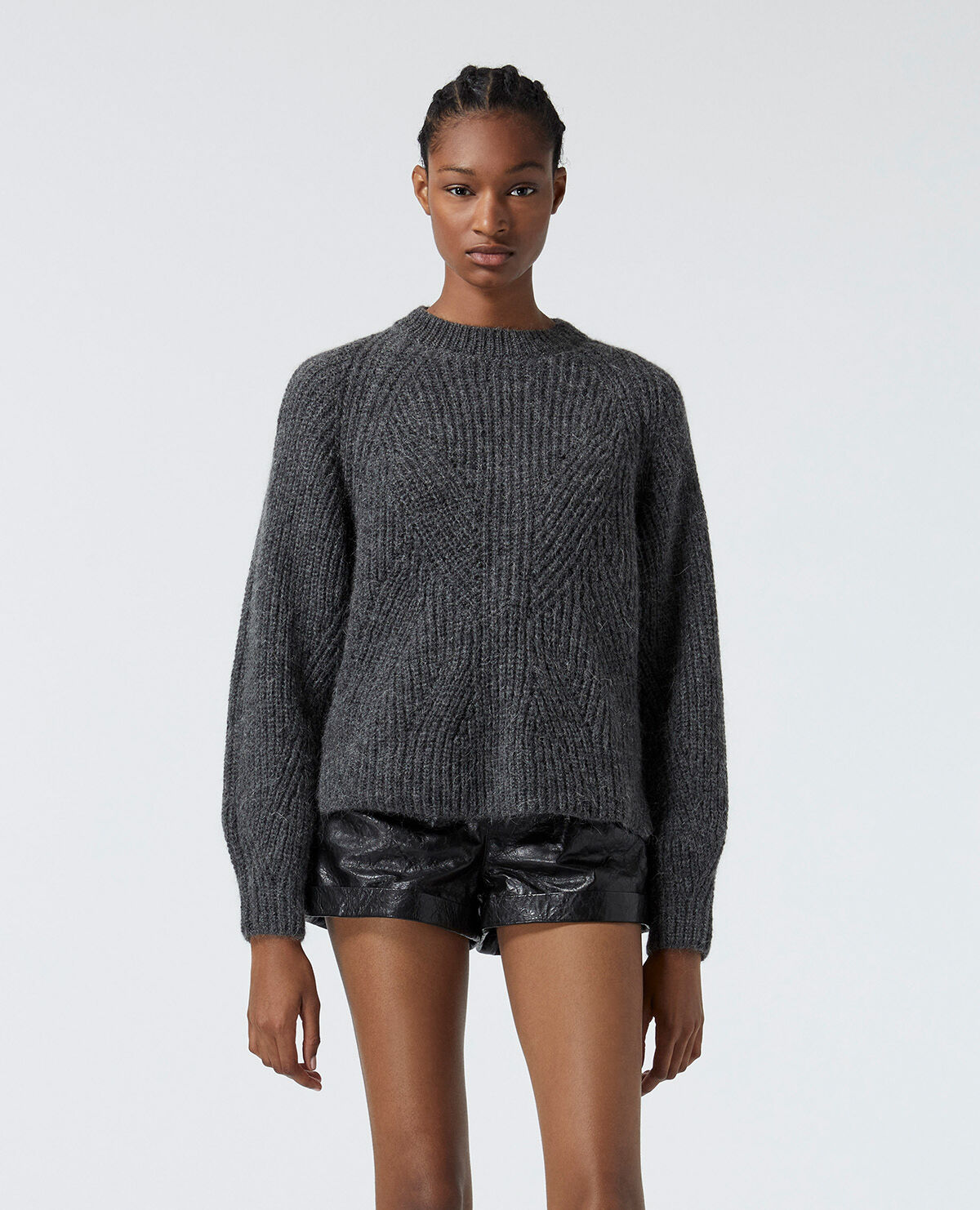 Knit gray sweater with puffed sleeves | The Kooples US