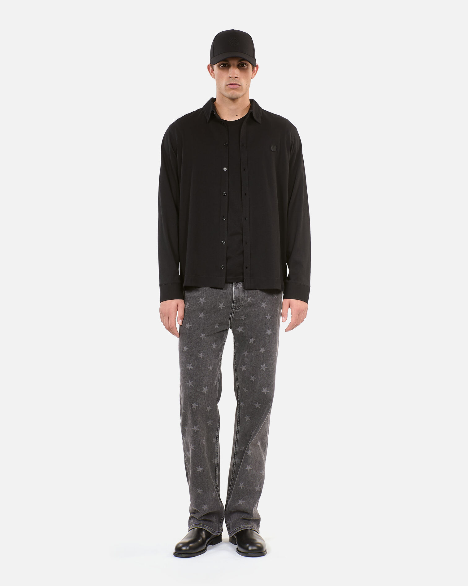 Black shirt-style long-sleeved t-shirt, BLACK WASHED, hi-res image number null