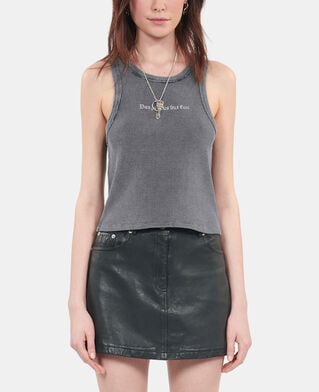 The Kooples WOMEN BLACK WASHED black tank top with dangerous but fun serigraphy