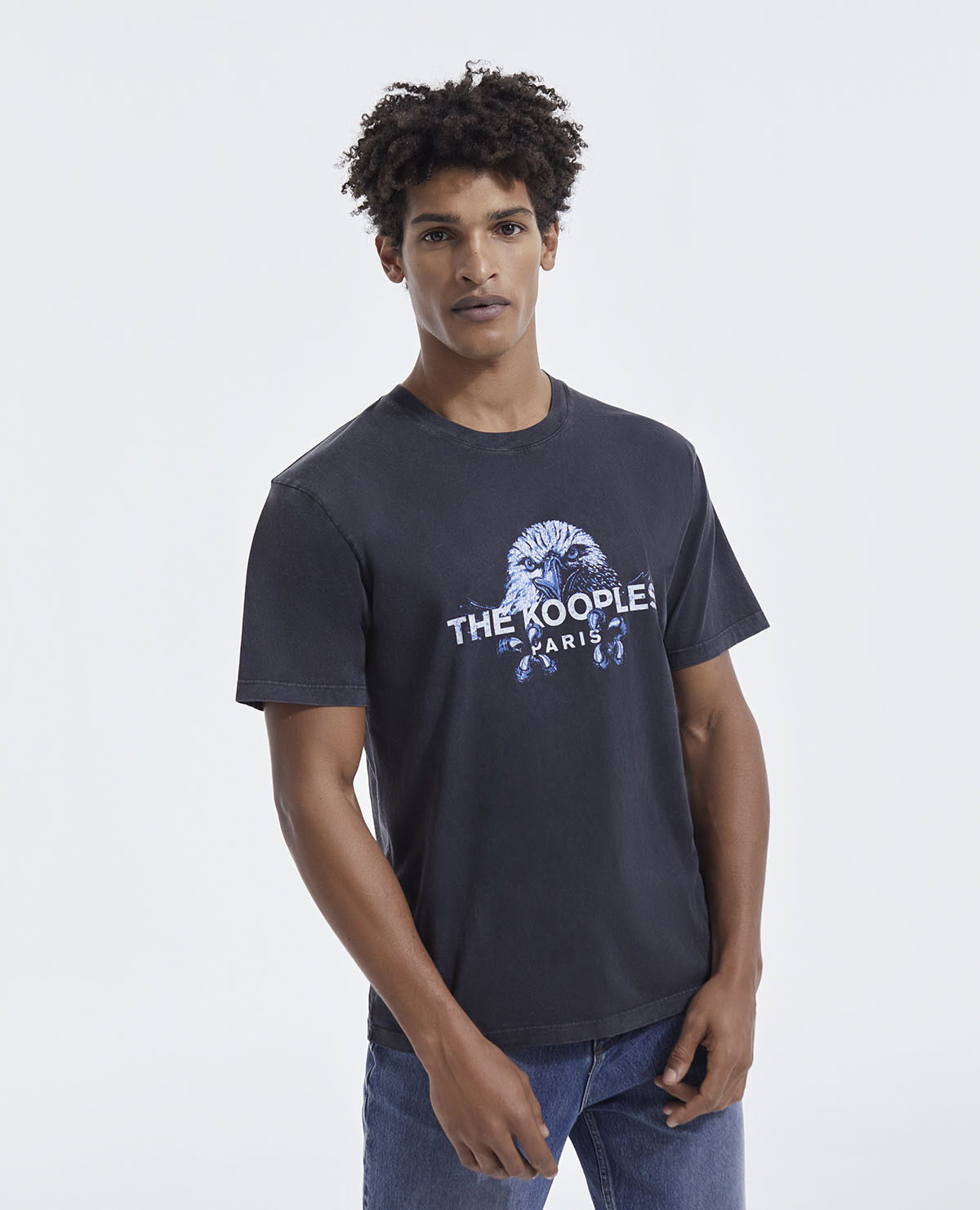 Faded black cotton T shirt with eagle motif The Kooples