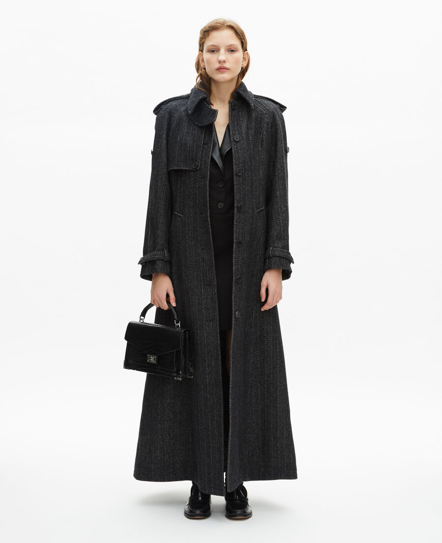 The Kooples WOMEN GREY FLANNEL long dark gray wool coat
