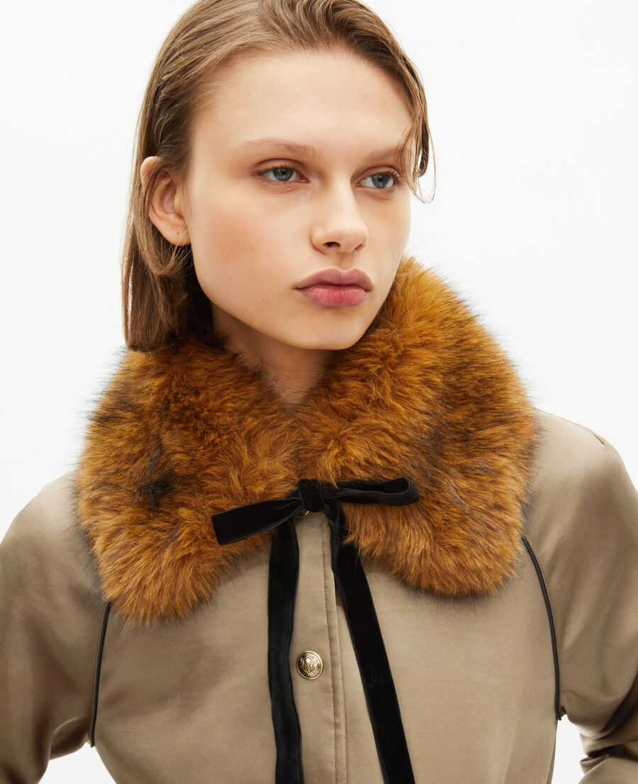 The Kooples FEMME KAKI blouson col fourrure satiné kaki
