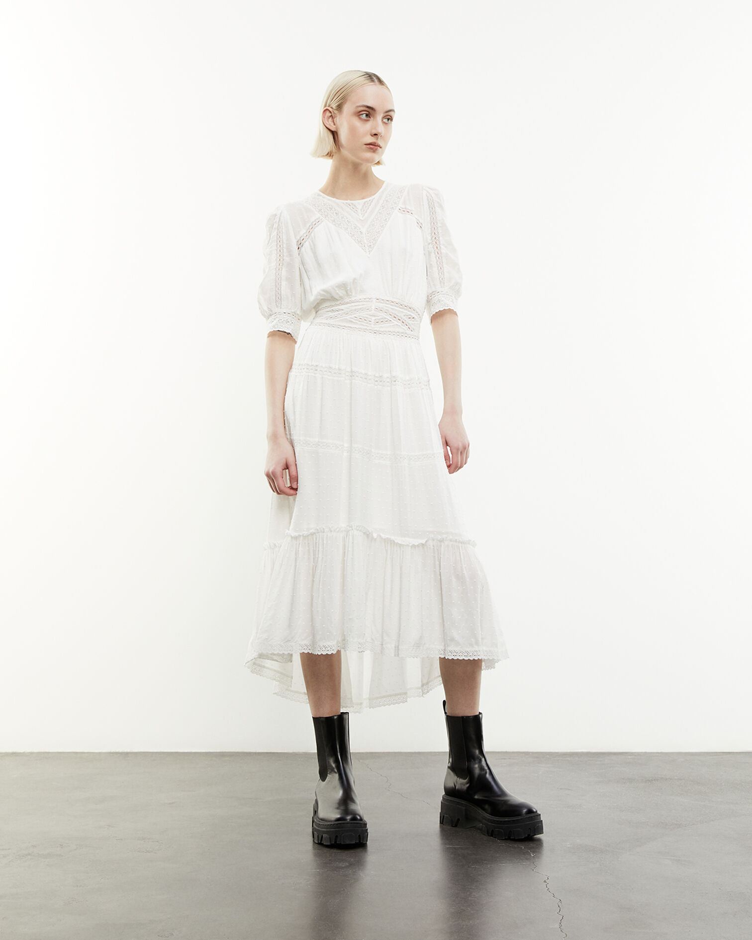 Vestido largo blanco crudo bandas encaje, ECRU, hi-res image number null