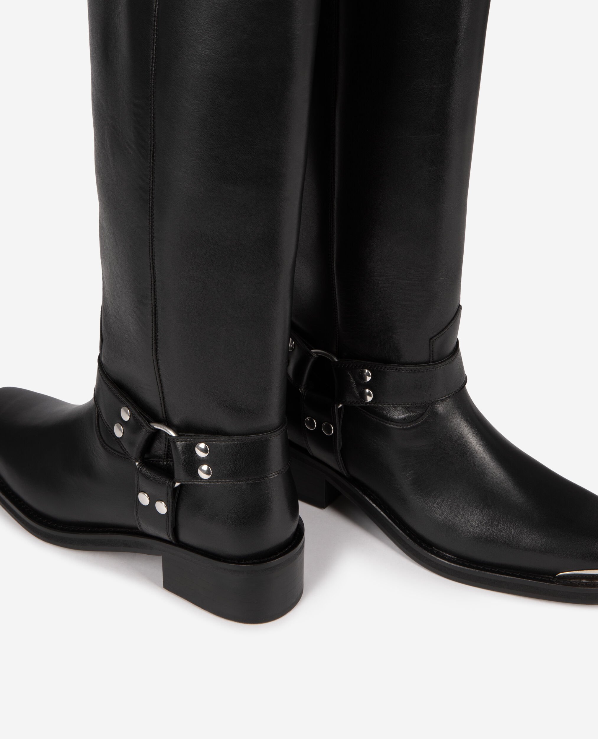 Black leather strap boots, BLACK, hi-res image number null