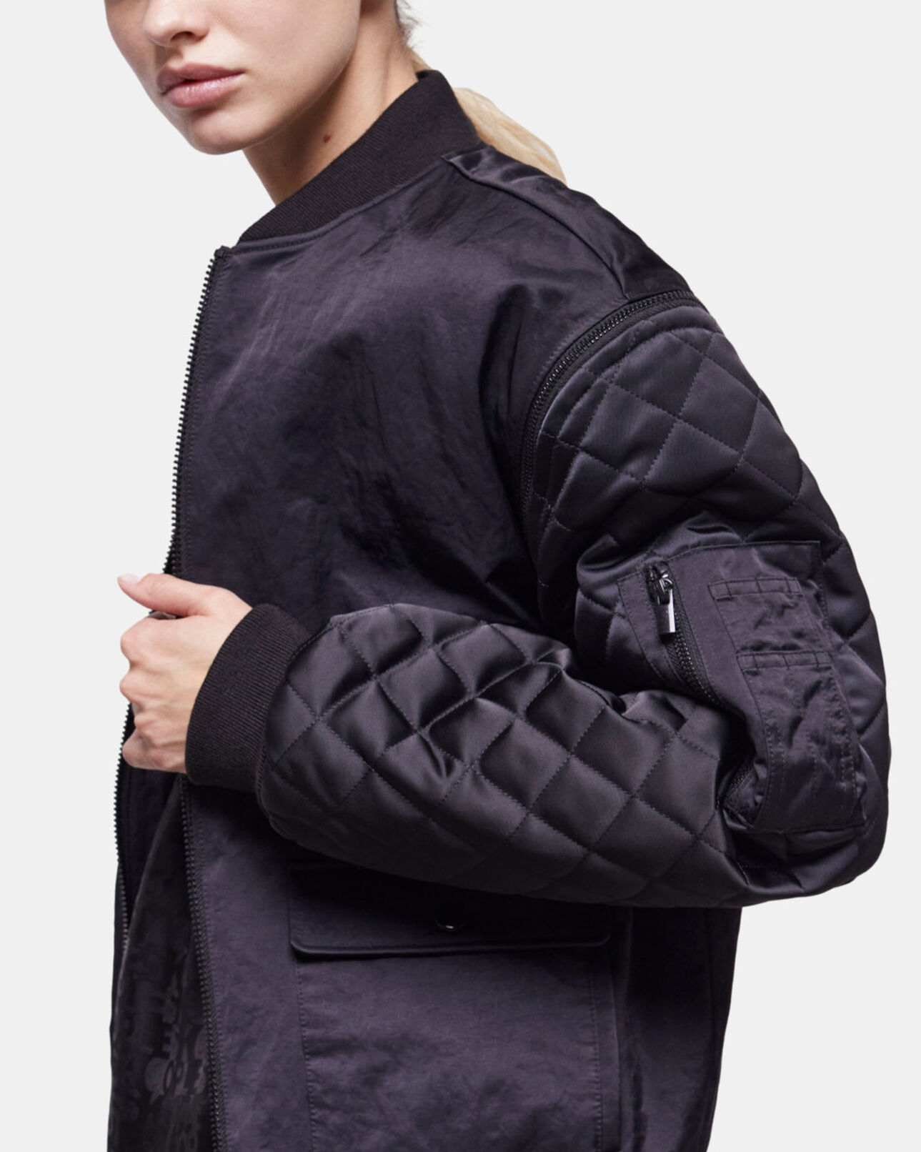 The Kooples WOMEN BLACK black satin bomber jacket with detachable sleeves