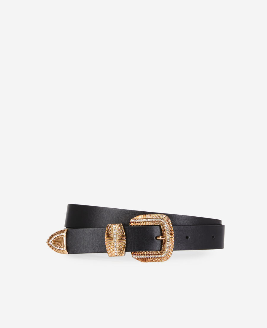 더 쿠플스 The Kooples Ceinture en cuir noir avec boucle A stries et strass,BLACK